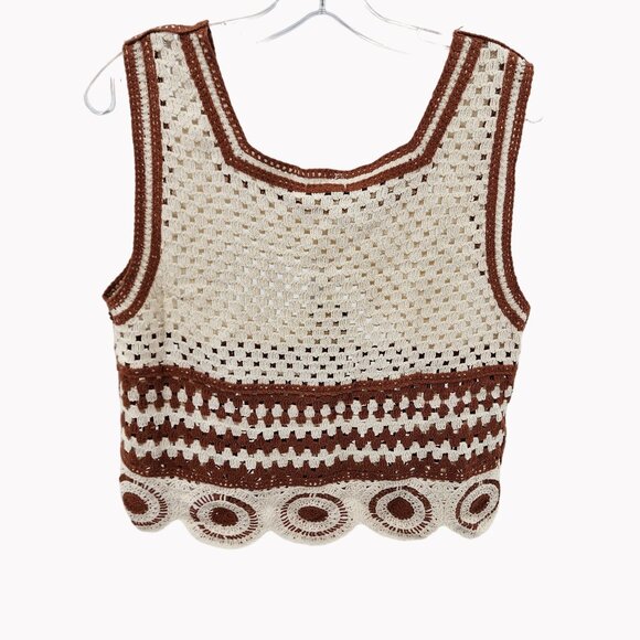 Ultra Pink Womens L Crochet Top Pants Set Boho 2 Piece Outfit Brown Cream Knit - Picture 5 of 11